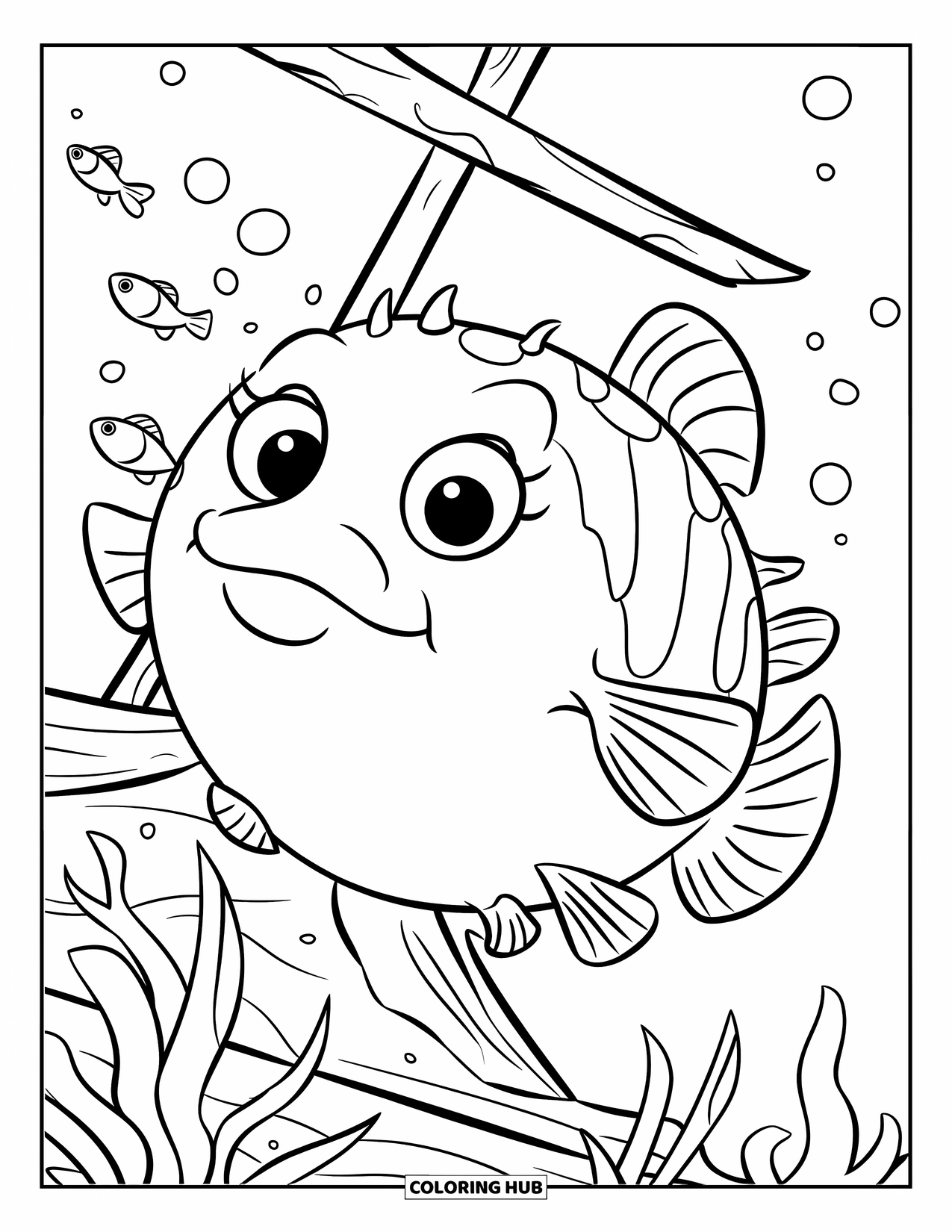 Disegno di pesce da colorare per bambini: Un pesce palla gonfiato nuota vicino a una nave affondata, osservando minuscoli pesci che passano