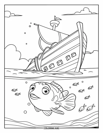 Fish Coloring Page for Kids: A pufferfish swims near a shipwreck, its round body puffed up as tiny fish pass by