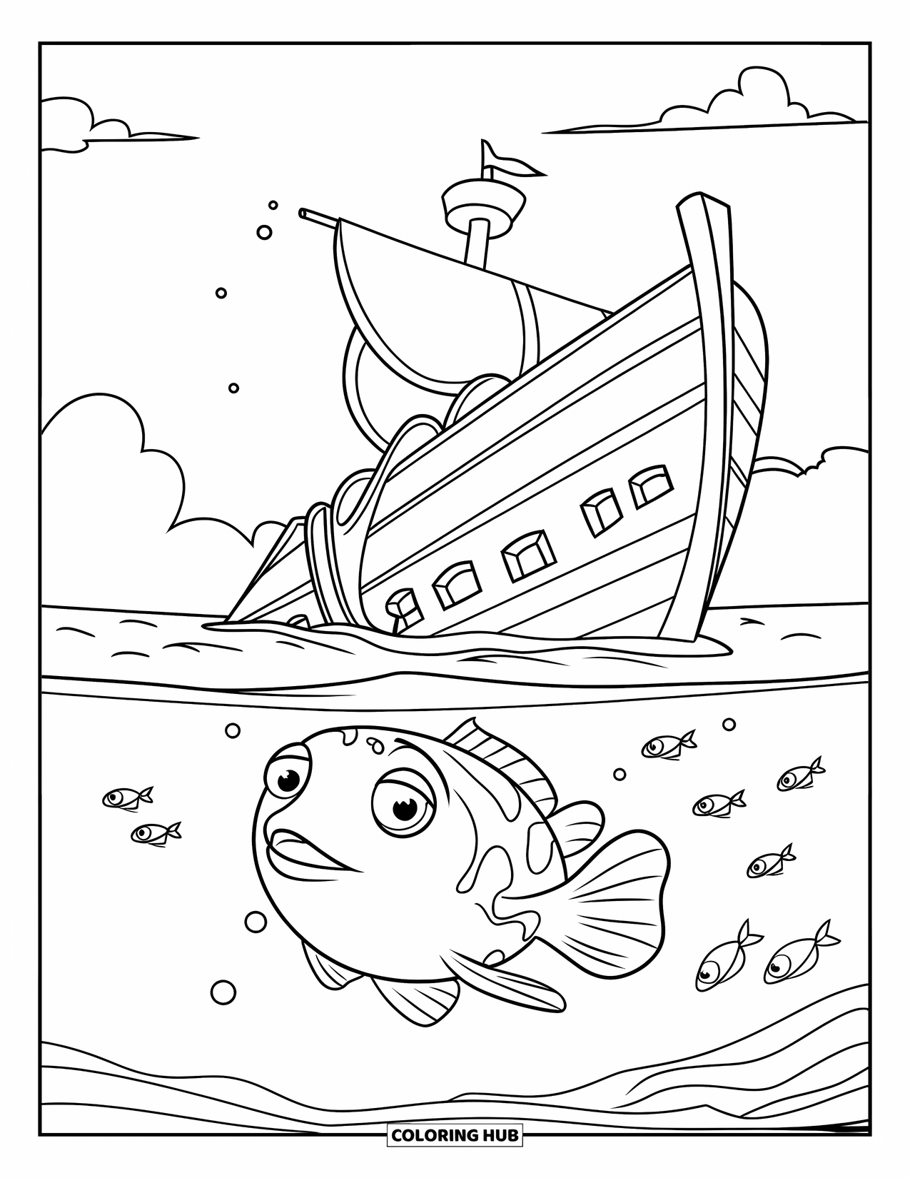 Disegno di pesce da colorare per bambini: Un pesce palla nuota vicino a un relitto, con il suo corpo rotondo gonfiato mentre minuscoli pesci passano