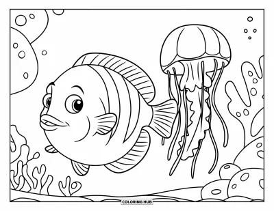 Fish Coloring Page for Kids: A round fish with tiny fins swims near a jellyfish, surrounded by soft corals and rocks
