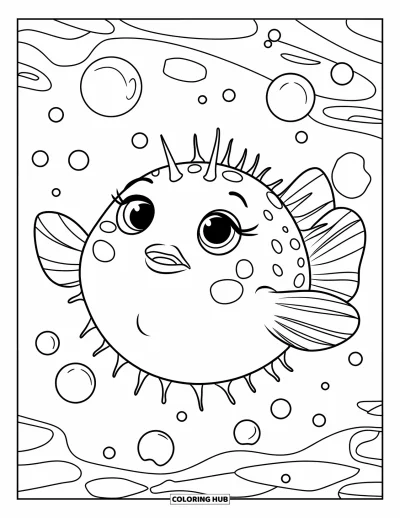 Fish Coloring Page for Kids: A round pufferfish with tiny spikes floats happily, blowing bubbles in the water