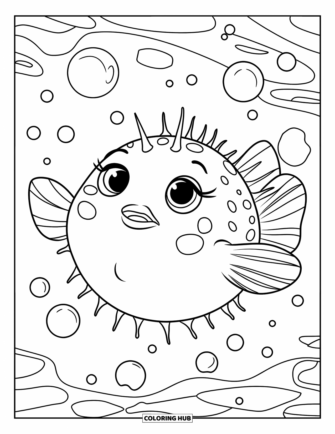 Disegno di pesce da colorare per bambini: Un pesce palla rotondo con minuscole spine galleggia felicemente, soffiando bolle nell'acqua