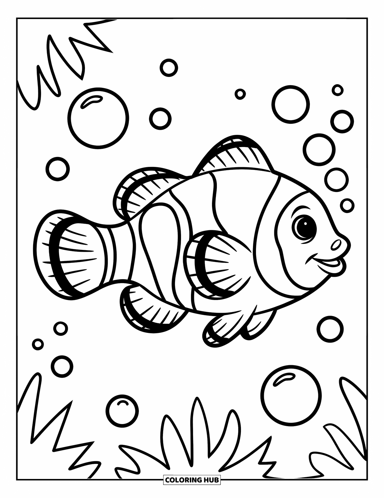 Disegno di pesce da colorare per bambini: Un semplice pesce pagliaccio con contorni audaci nuota tra bolle galleggianti in una scena calma