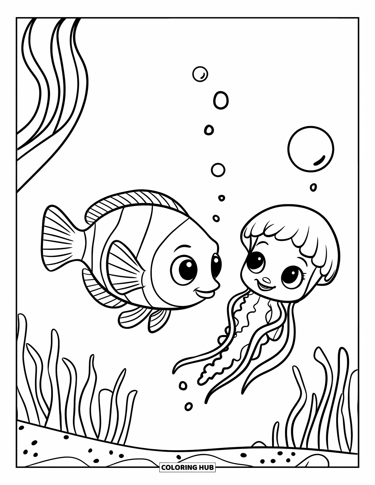 Disegno di pesce da colorare per bambini: Un piccolo pesce angelo e una piccola medusa galleggiano insieme vicino a onde delicate e alghe