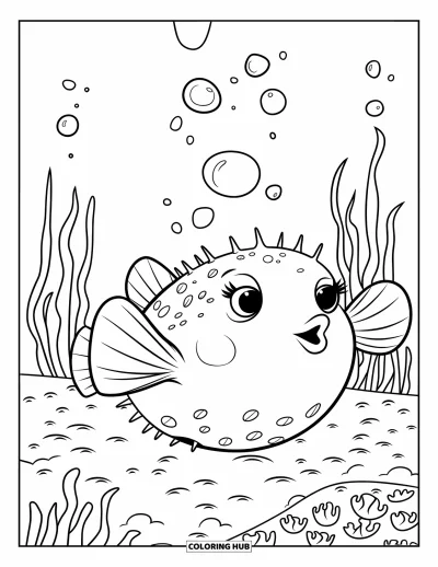 Fish Coloring Page for Kids: A small pufferfish with a round body blows bubbles while resting near the sea floor