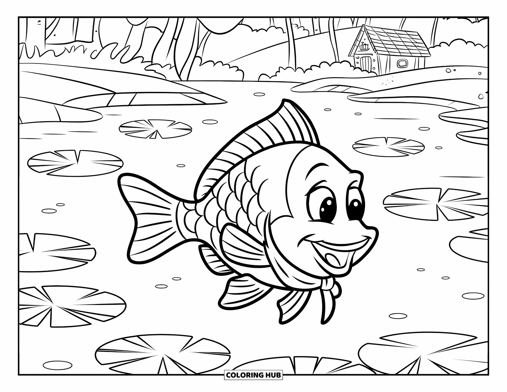 Disegno di pesce da colorare per bambini: Un pesce sorridente che indossa una sciarpa nuota attraverso un tranquillo laghetto con ninfee sparse