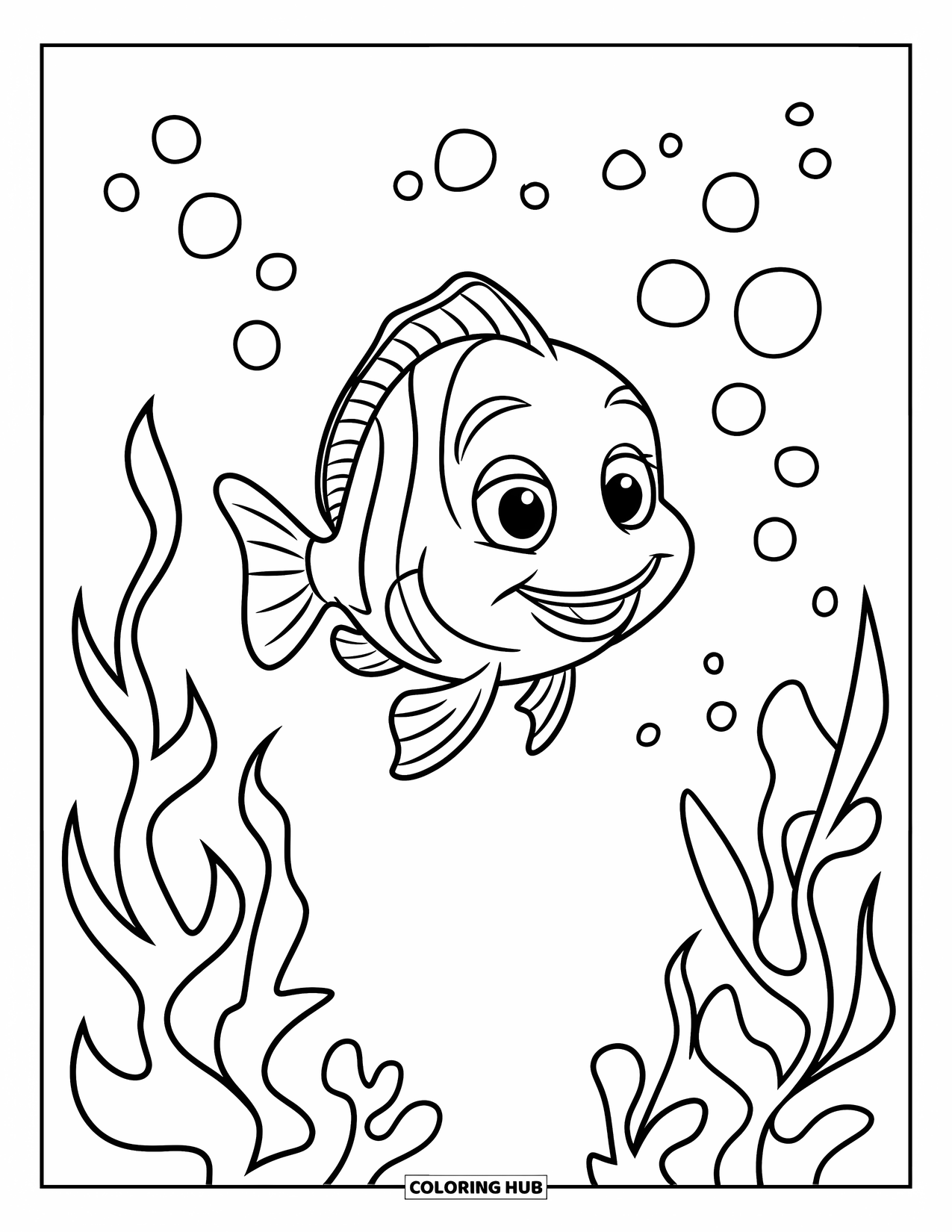 Disegno di pesce da colorare per bambini: Un pesce sorridente con una coda ondulata si muove oltre le alghe galleggianti, circondato da minuscole bolle