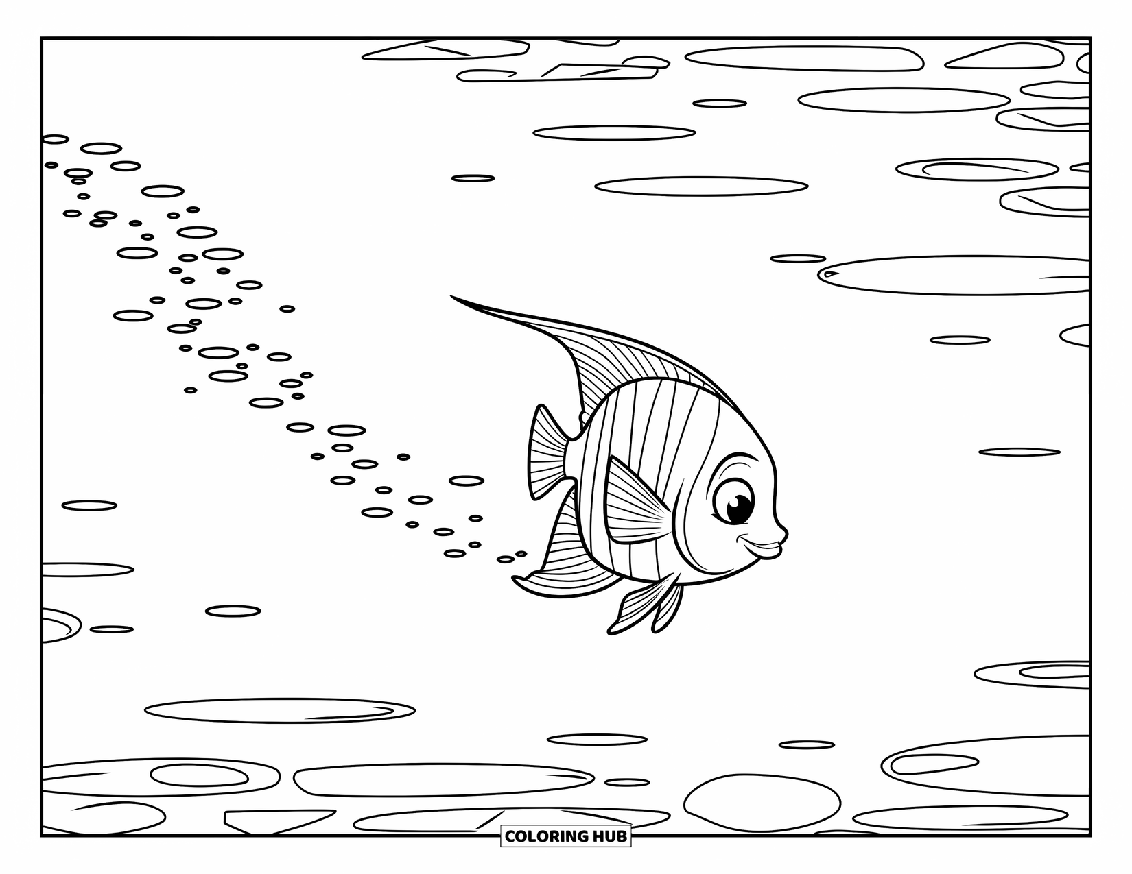 Disegno di pesce da colorare per bambini: Un minuscolo pesce angelo con una forma triangolare nuota attraverso l'acqua increspata, lasciandosi dietro delle bolle