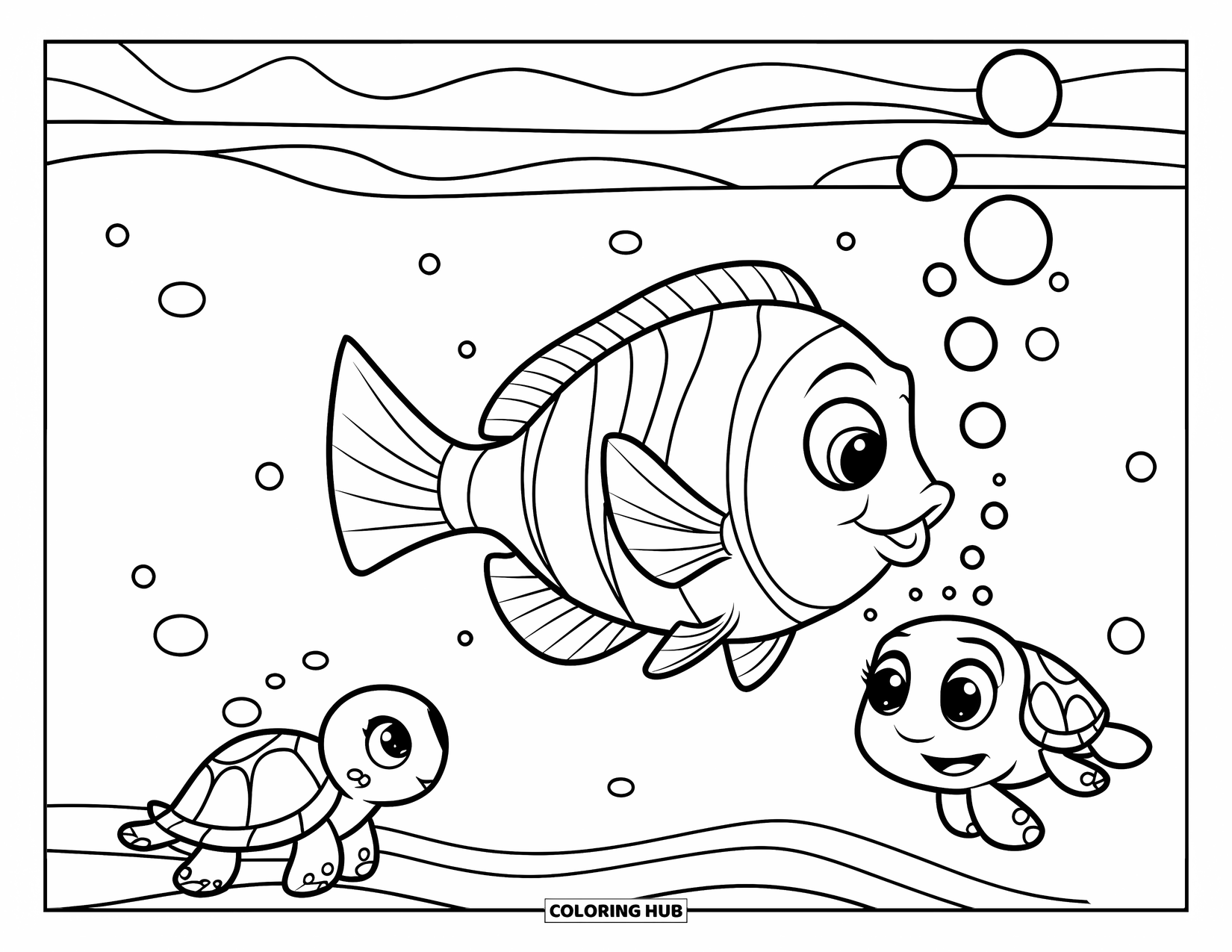 Disegno di pesce da colorare per bambini: Un minuscolo pesce soffia bolle mentre una simpatica tartaruga marina nuota nelle vicinanze in un mare calmo