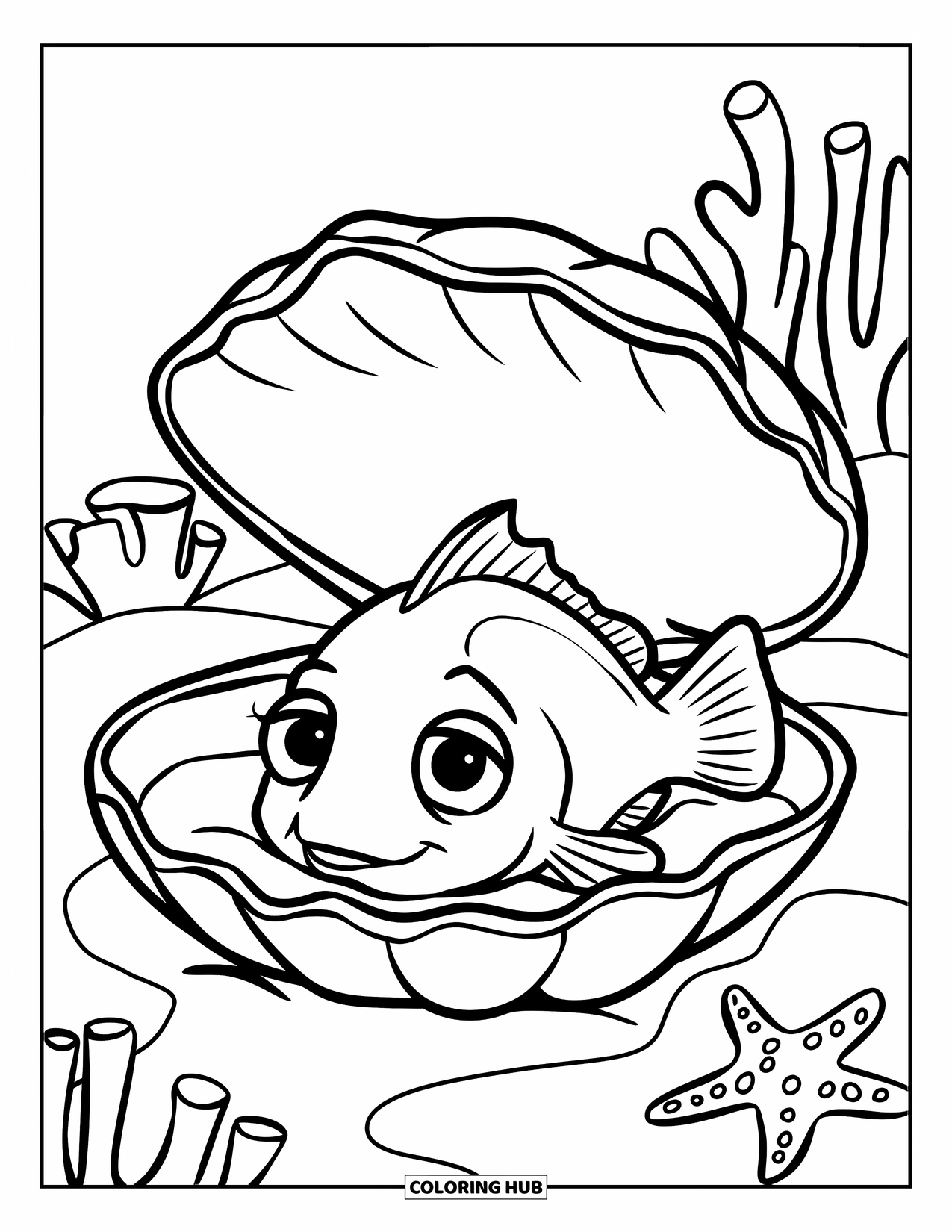 Disegno di pesce da colorare per bambini: Un minuscolo pesce si rilassa in una conchiglia aperta, circondato da stelle marine e barriere coralline
