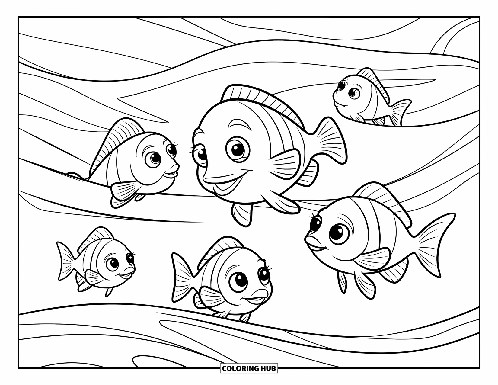 Disegno di pesce da colorare per bambini: Cinque allegri pesci giocano tra le onde oceaniche, circondati da bolle e alghe