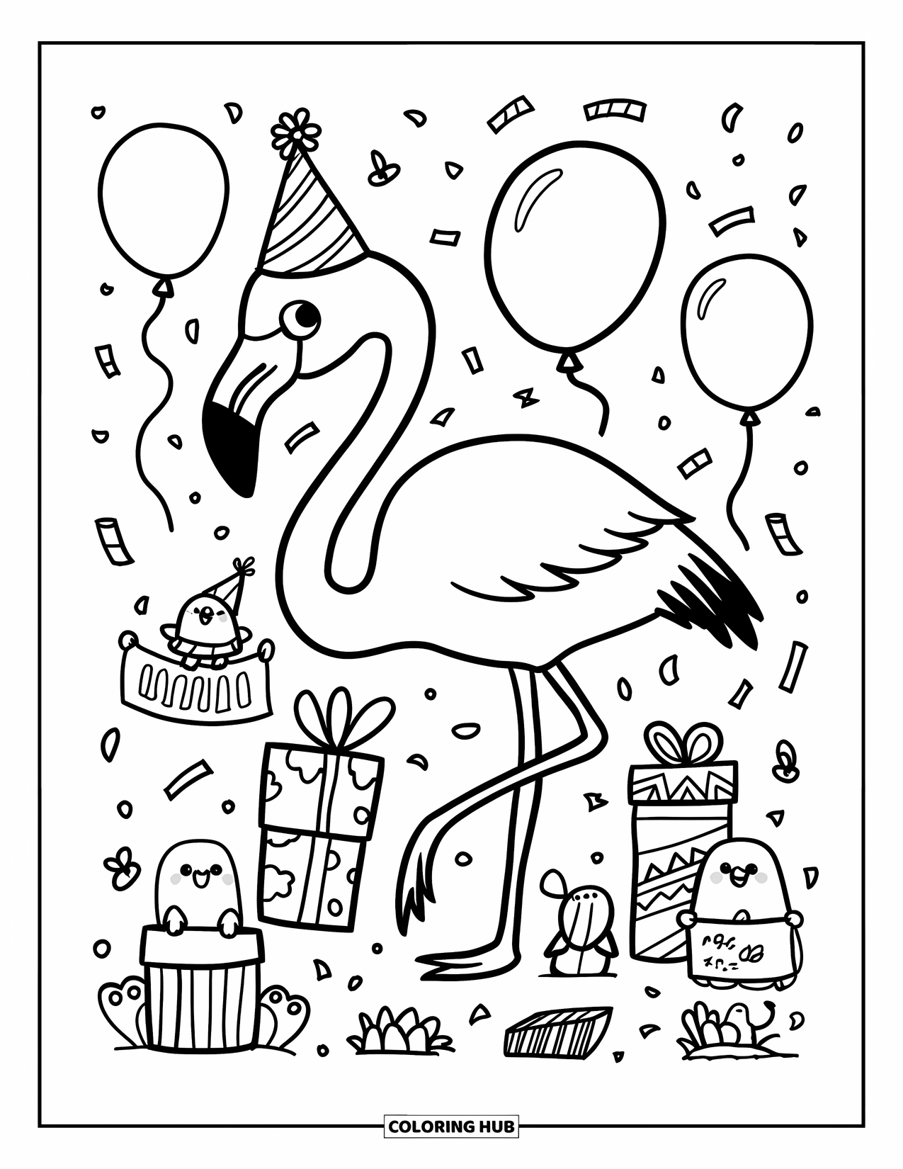 Flamingo Coloring Page for Adults: A flamingo celebrates with balloons, presents, and animal friends holding banners