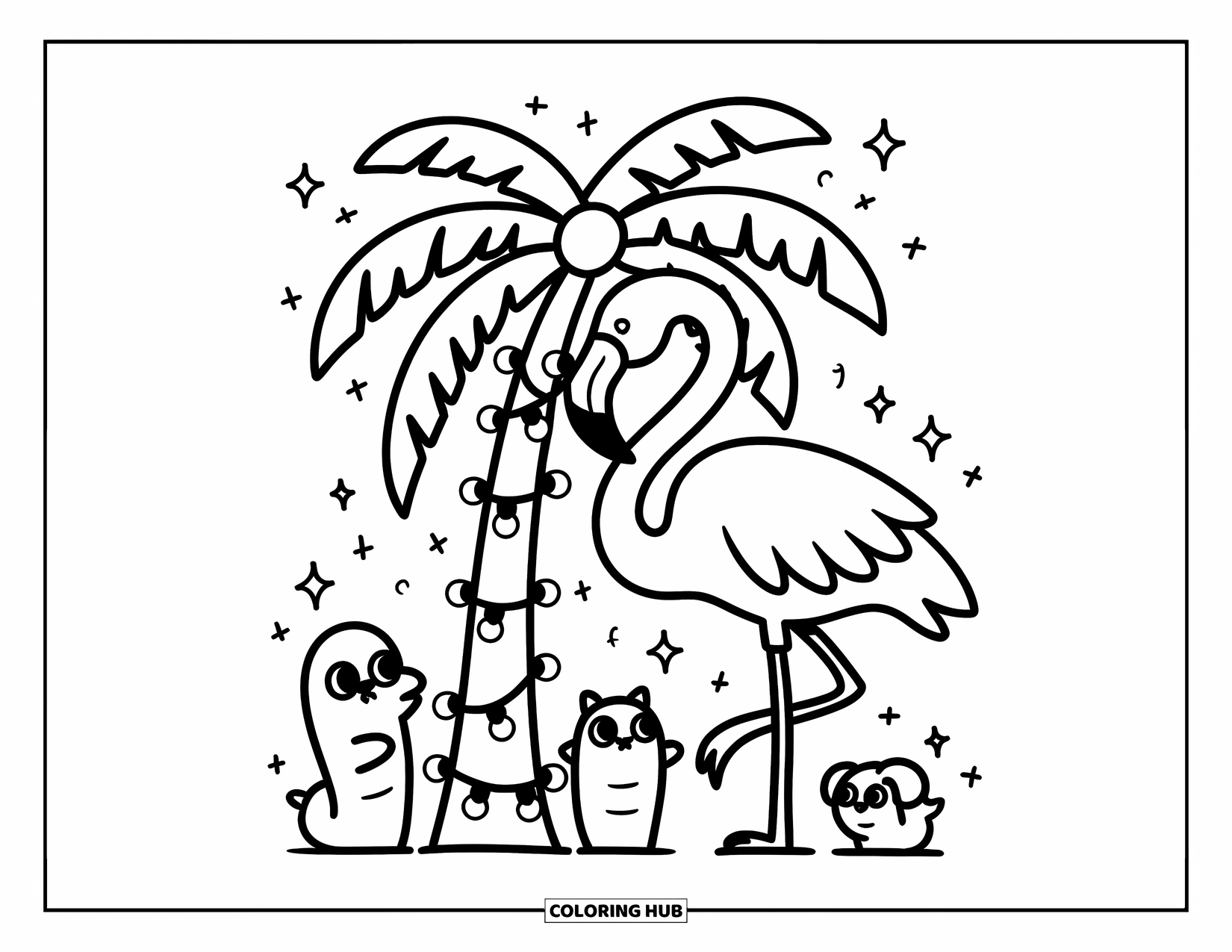Flamingo Coloring Page for Adults: A flamingo decorates a palm tree with lights, watched by curious animals