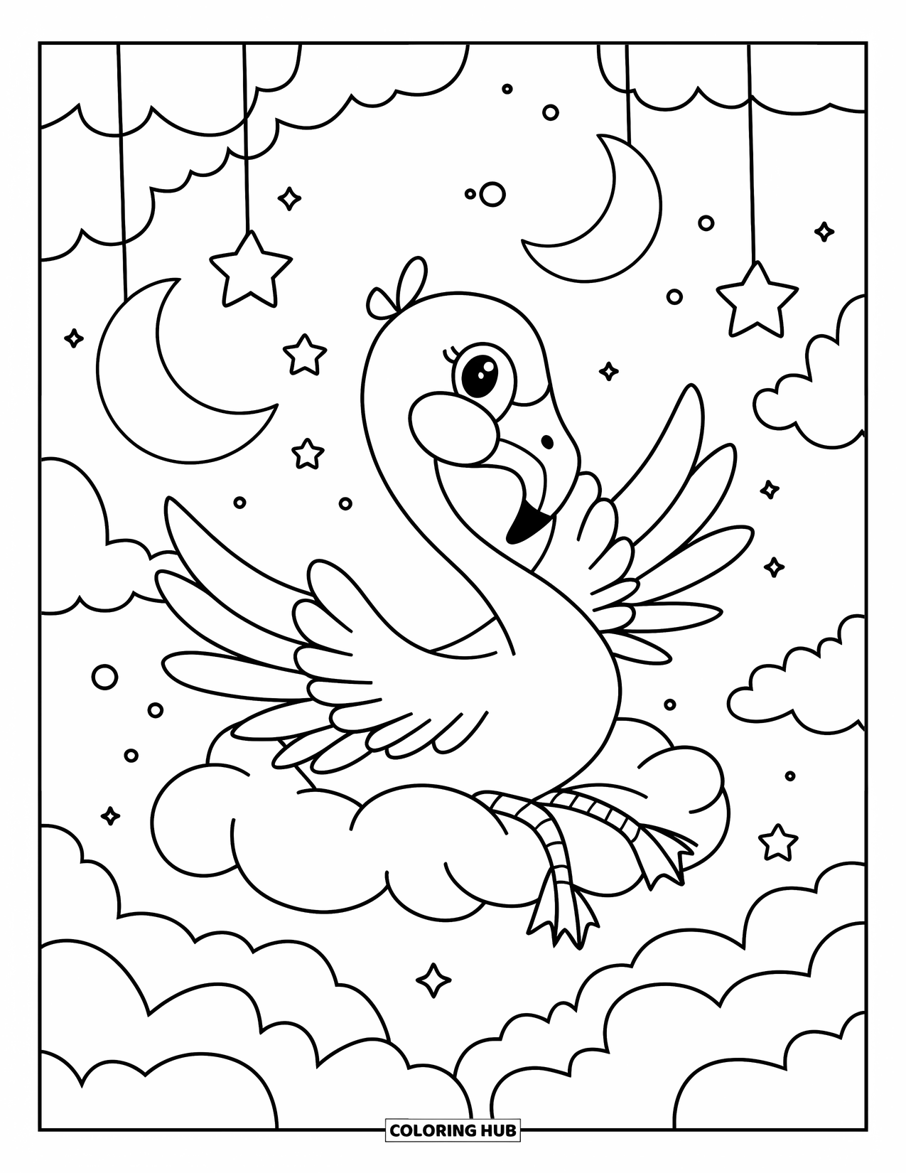Flamingo Coloring Page for Adults: A flamingo floats on a cloud, surrounded by stars and moons in a serene sky