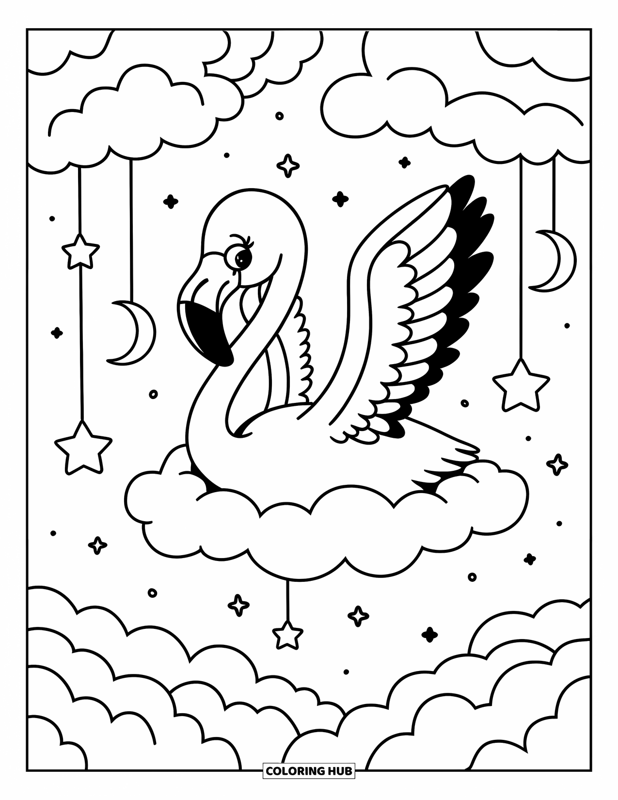 Flamingo Coloring Page for Adults: A flamingo floats on a cloud, with stars and moons in a dreamy nighttime sky