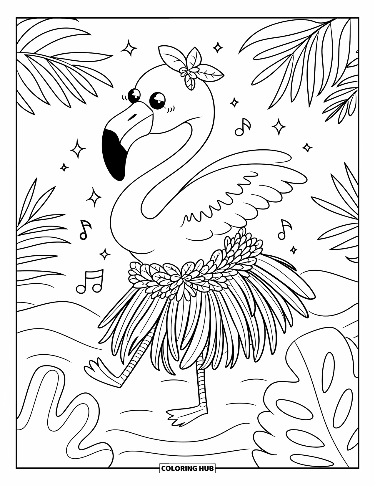 Flamingo Coloring Page for Adults: A flamingo in a palm leaf skirt dances, surrounded by sparkles and tropical waves