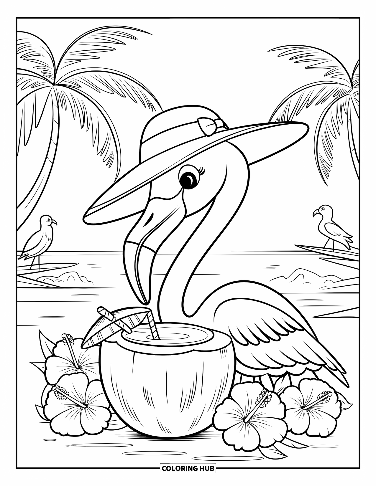 Flamingo Coloring Page for Adults: A flamingo in a sun hat sips coconut water, surrounded by tropical birds and flowers