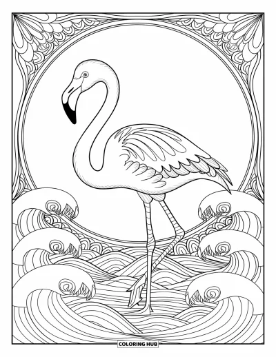Flamingó kifestő felnőtteknek: Egy flamingót örvénylő hullámok és díszítő minták kereteznek