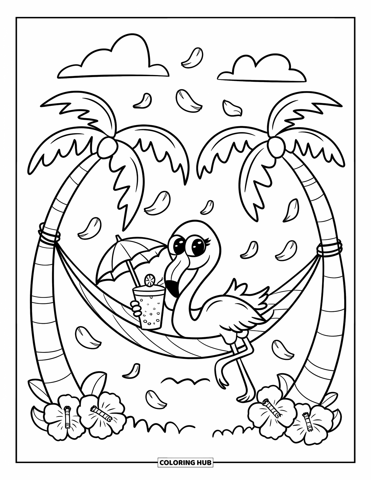 Flamingo Coloring Page for Adults: A flamingo lounges on a hammock, sipping a smoothie, with soft clouds drifting by
