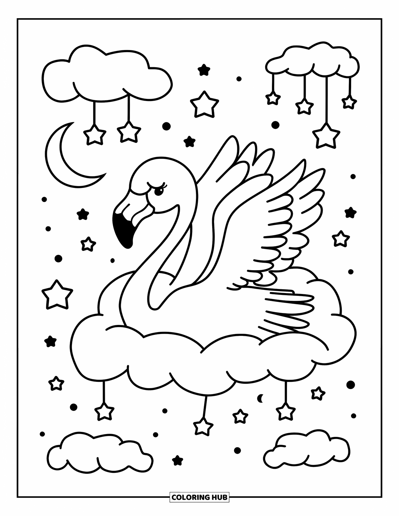 Flamingo Coloring Page for Adults: A flamingo rests on a cloud, with stars and moons for a dreamy scene
