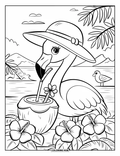Flamingó kifestő felnőtteknek: Egy flamingó kókuszitalt szürcsöl, trópusi virágokkal, madarakkal és pálmafákkal