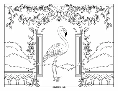 Flamingó kifestő felnőtteknek: Egy flamingó virágokkal és levelekkel díszített boltív mellett áll
