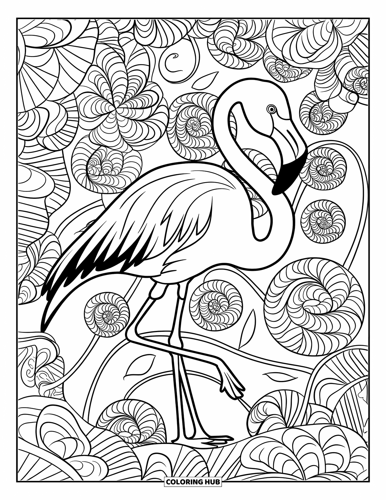 Flamingo Coloring Page for Adults: A flamingo stands in a garden with intricate patterns and flowers