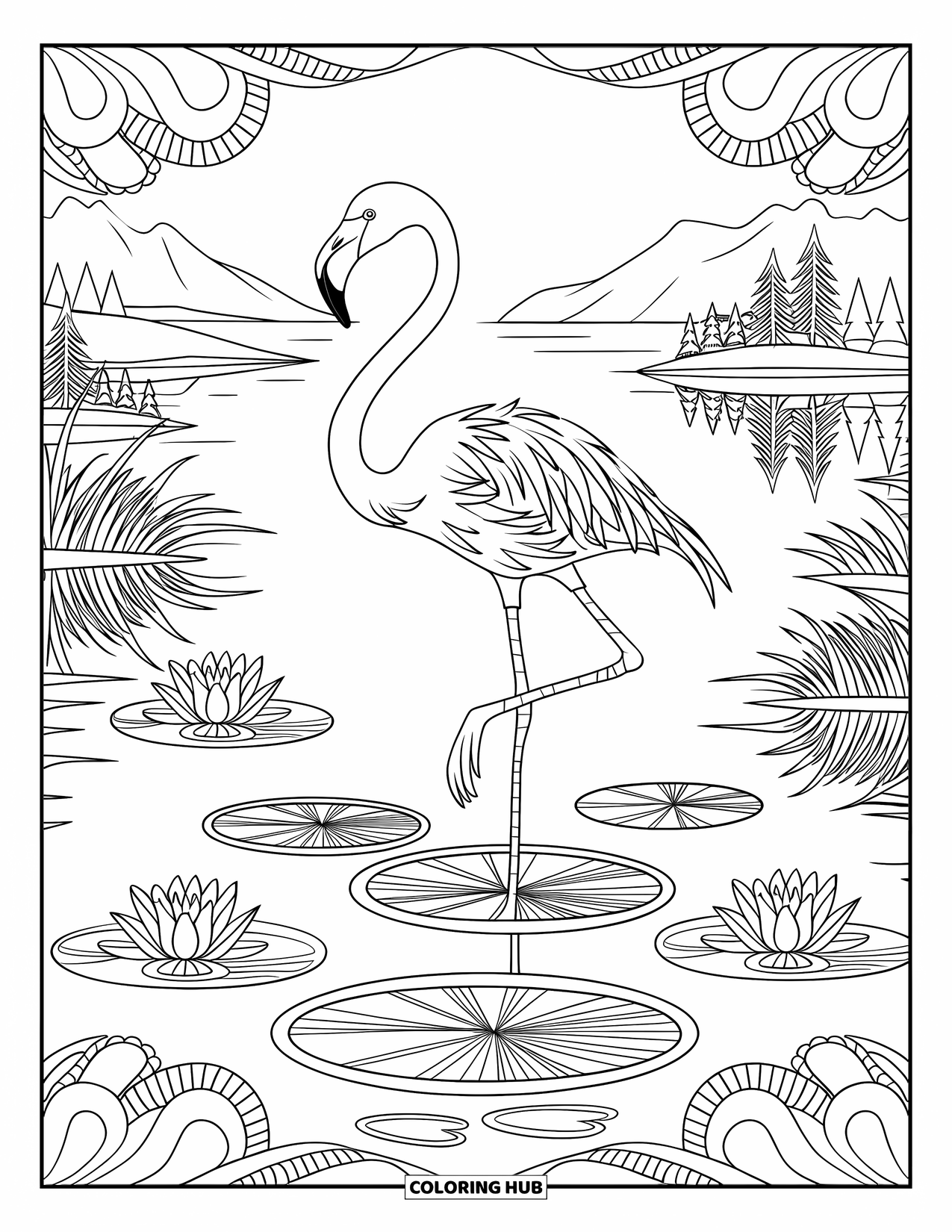 Flamingo Coloring Page for Adults: A flamingo stands in a lake with blooming water lilies