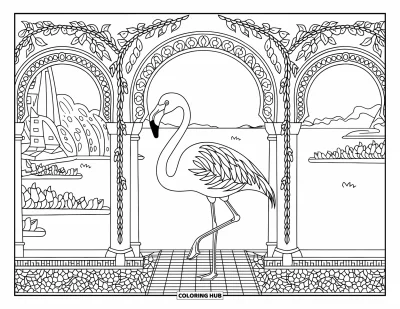 Flamingó kifestő felnőtteknek: Egy flamingó díszes boltív közelében áll buja zölddel