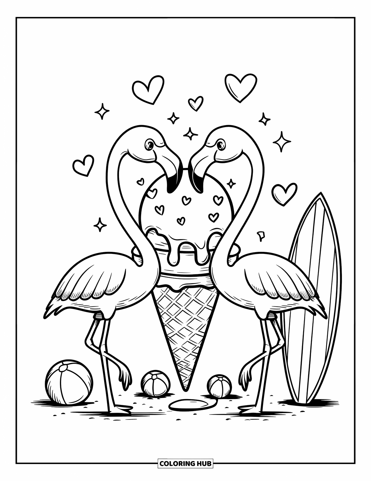 Flamingo Coloring Page for Adults: A pair of flamingos share an ice cream cone on the beach with sparkles around them