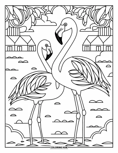Flamingó kifestő felnőtteknek: Flamingók mandala mintában nyugodt tóban állnak