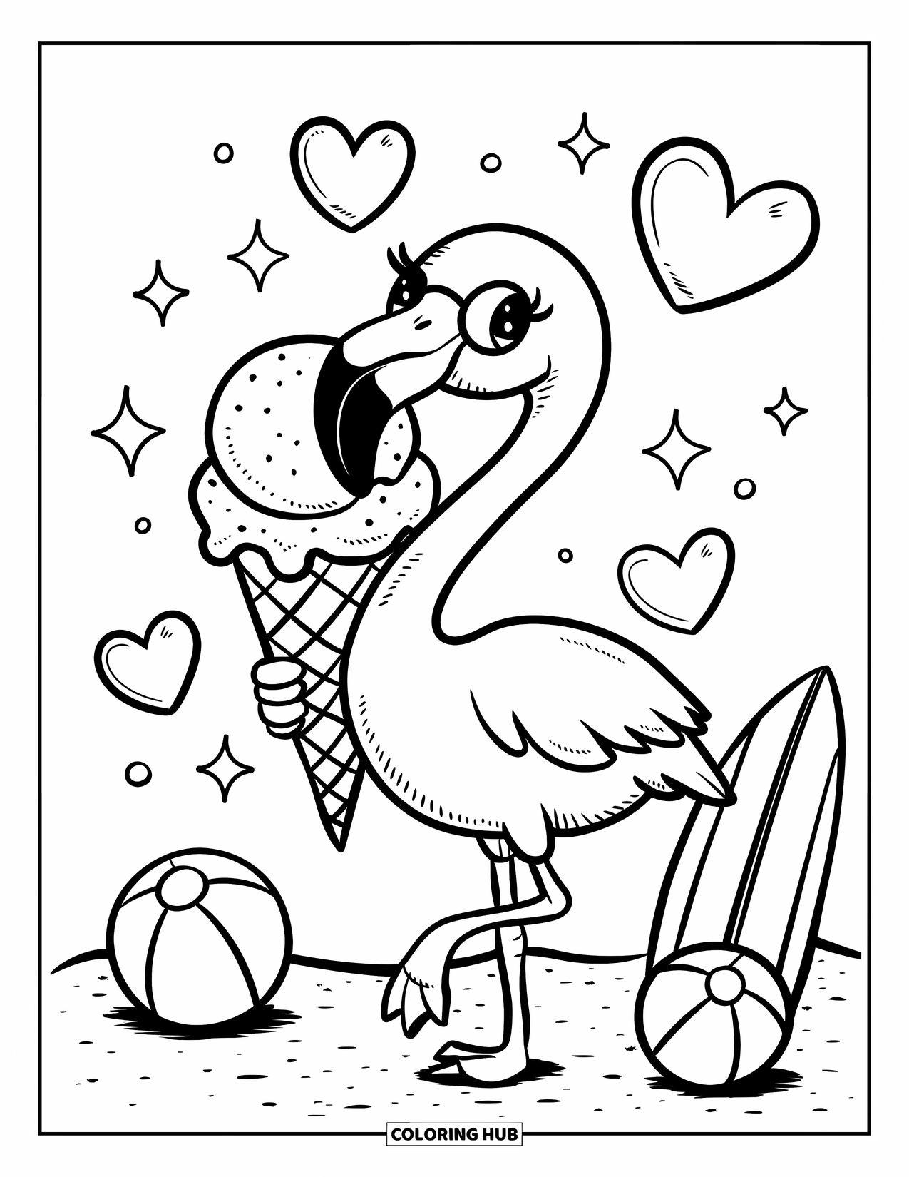 Flamingo Coloring Page for Adults: Two flamingos share a giant ice cream cone, surrounded by sparkles, hearts, and beach items