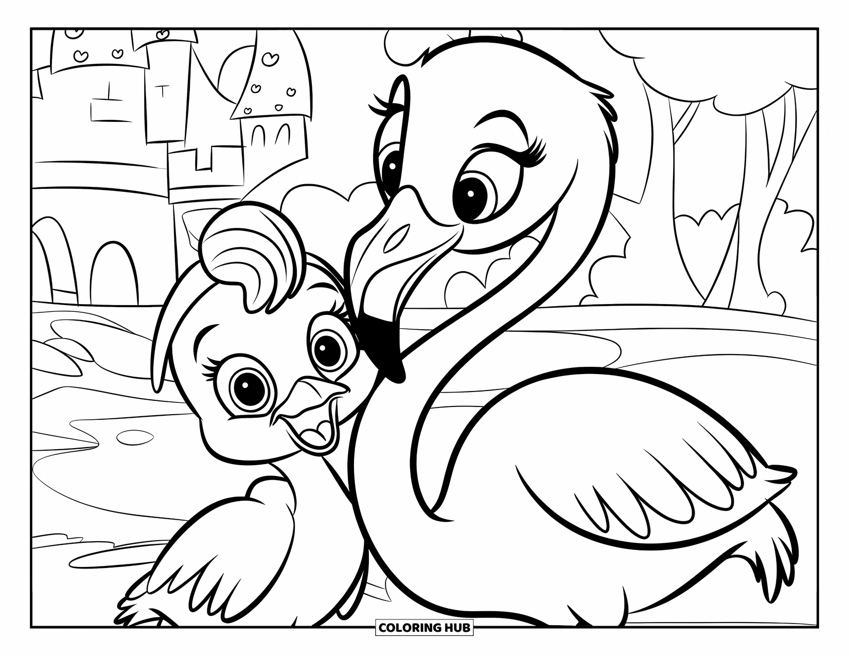 Flamingo Coloring Page for Kids: A baby flamingo in a tiny hat stands by its smiling parent near a castle
