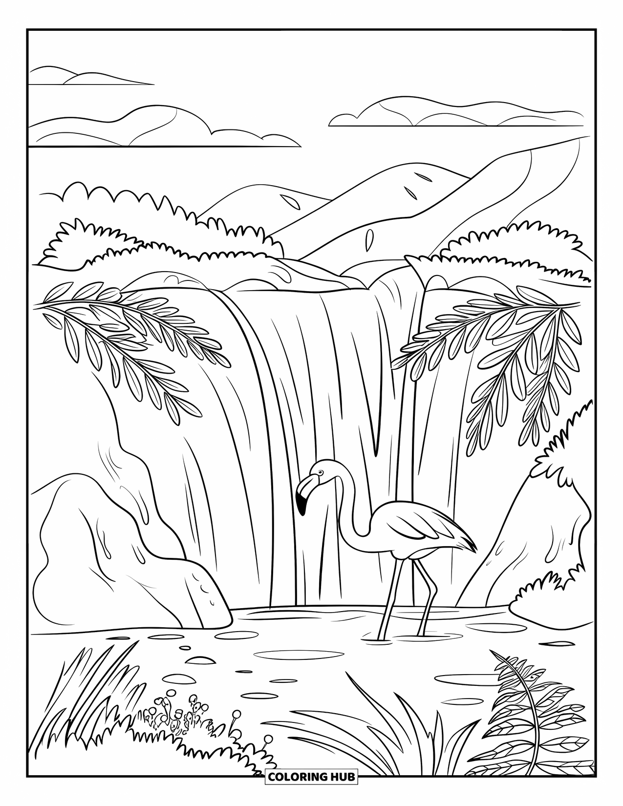 Flamingo Coloring Page for Kids: A flamingo explores a hidden waterfall with ferns and mossy rocks