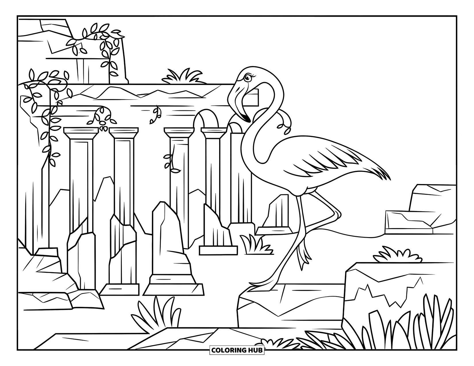 Flamingo Coloring Page for Kids: A flamingo explores ancient ruins with columns, arches, and vines