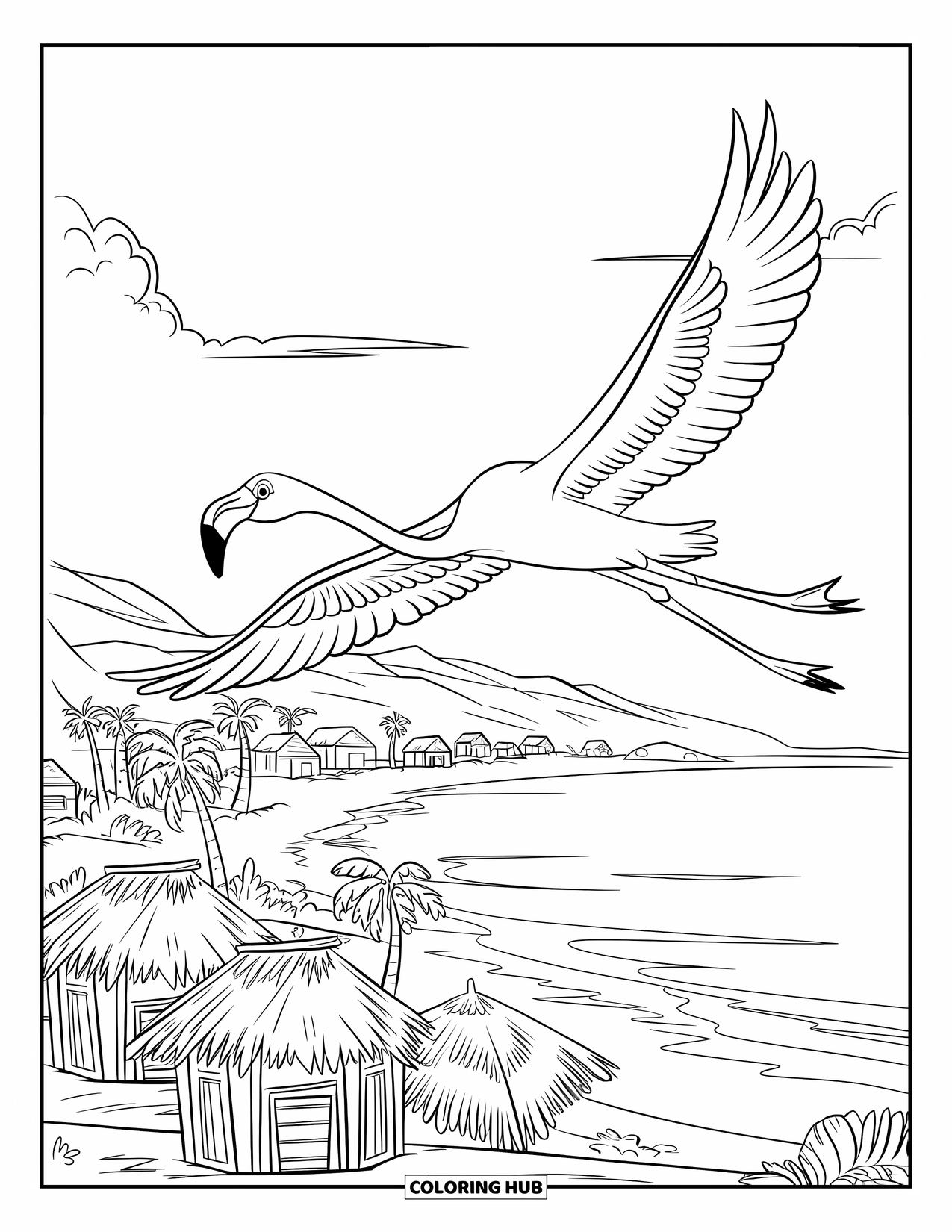 Flamingo Coloring Page for Kids: A flamingo flies above a coastal village with huts and palm trees