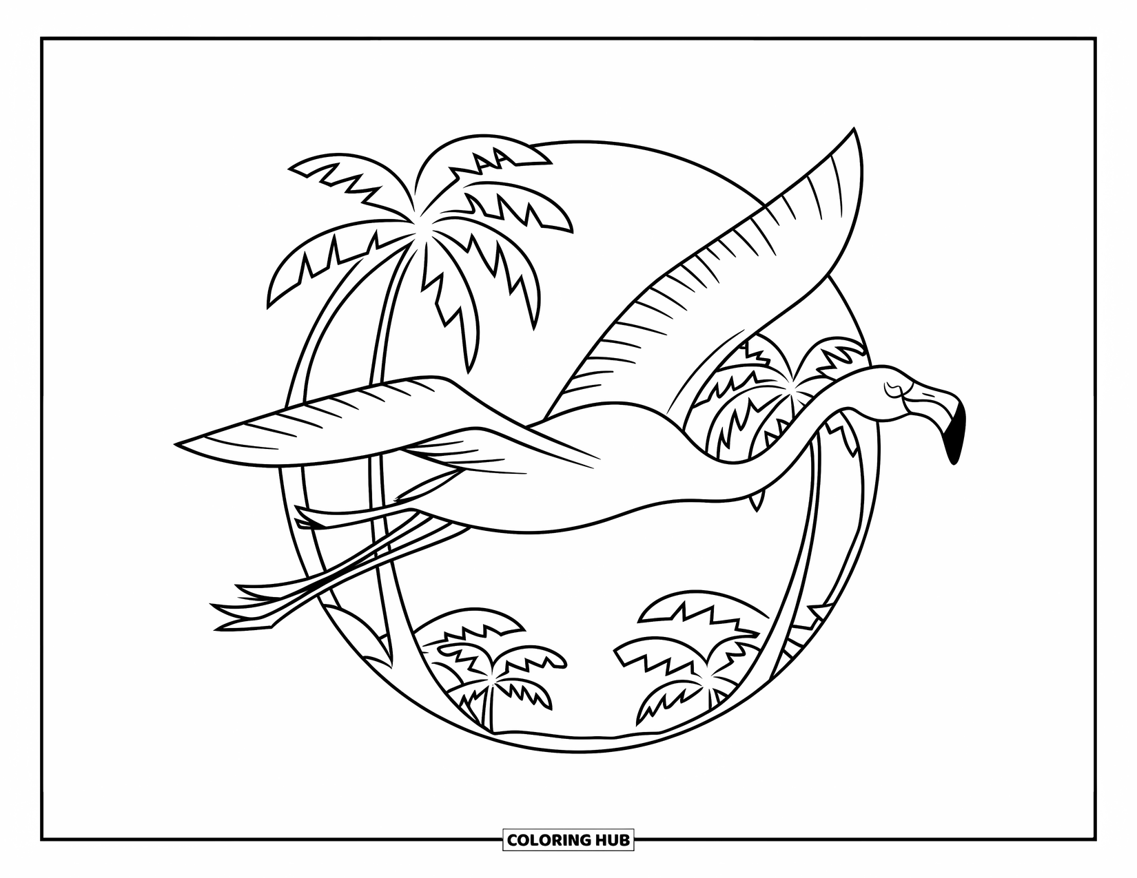 Flamingo Coloring Page for Kids: A flamingo flies above a tropical forest with palm trees below
