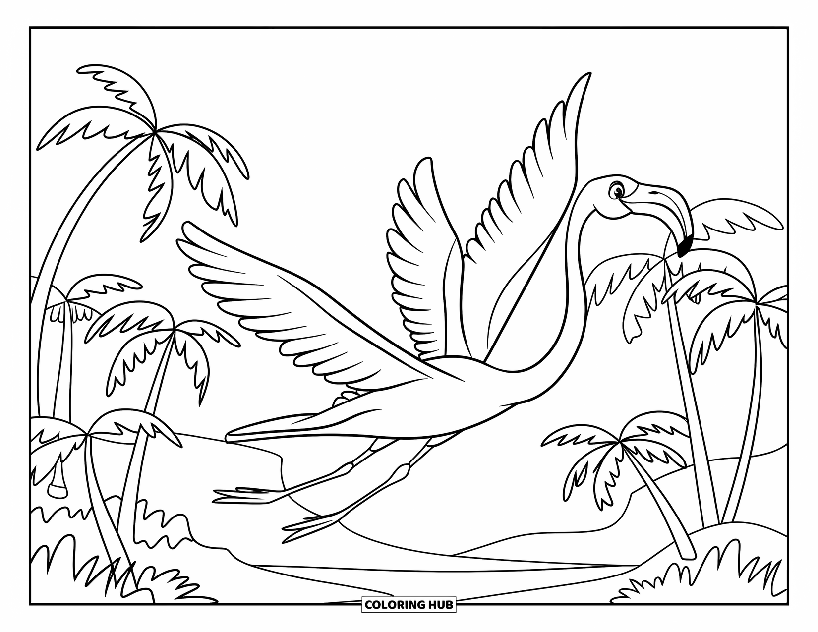 Flamingo Coloring Page for Kids: A flamingo flies above palm trees with spread wings and a serene sky