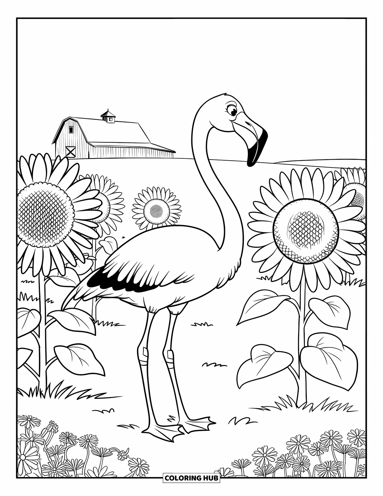Flamingo Coloring Page for Kids: A flamingo in a field of sunflowers stands near a simple barn