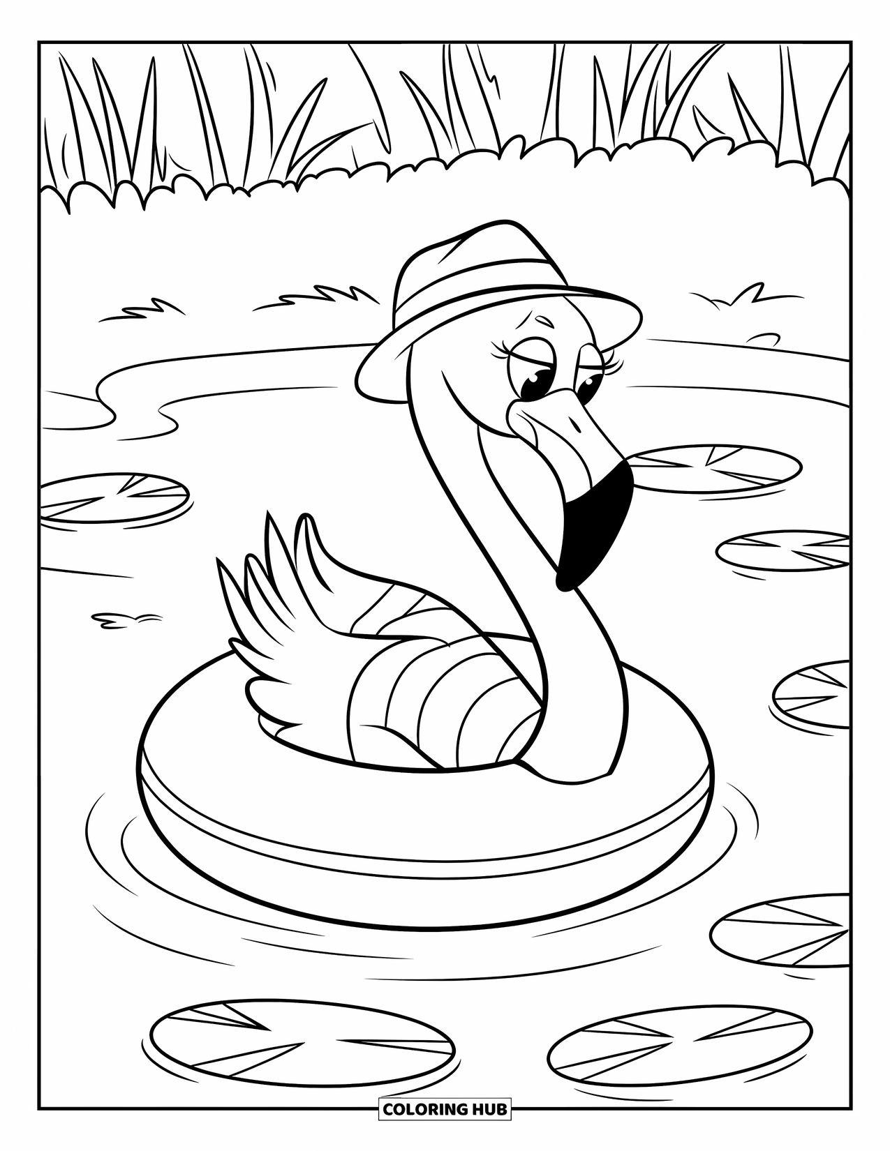 Flamingo Coloring Page for Kids: A flamingo in a floatie and hat floats in a pond by a forest