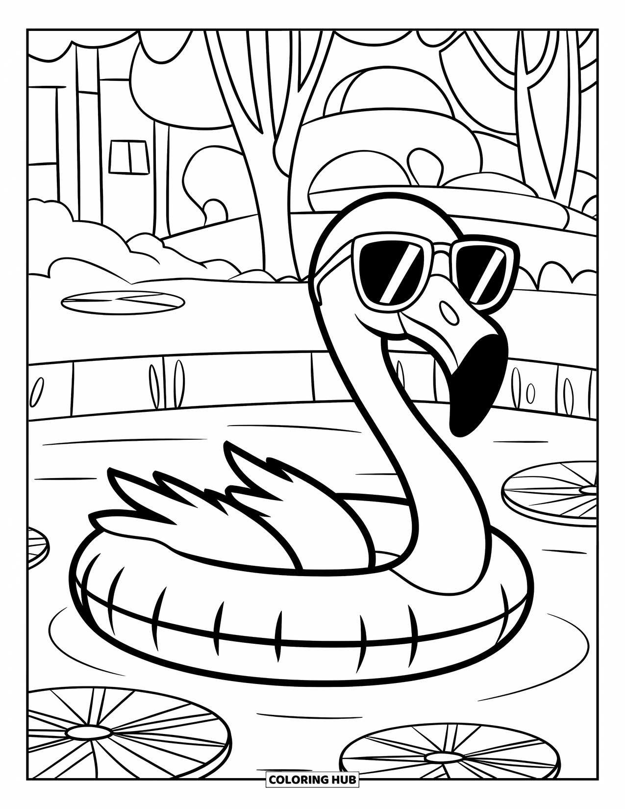 Flamingo Coloring Page for Kids: A flamingo in a floatie floats in a pond with lily pads around it