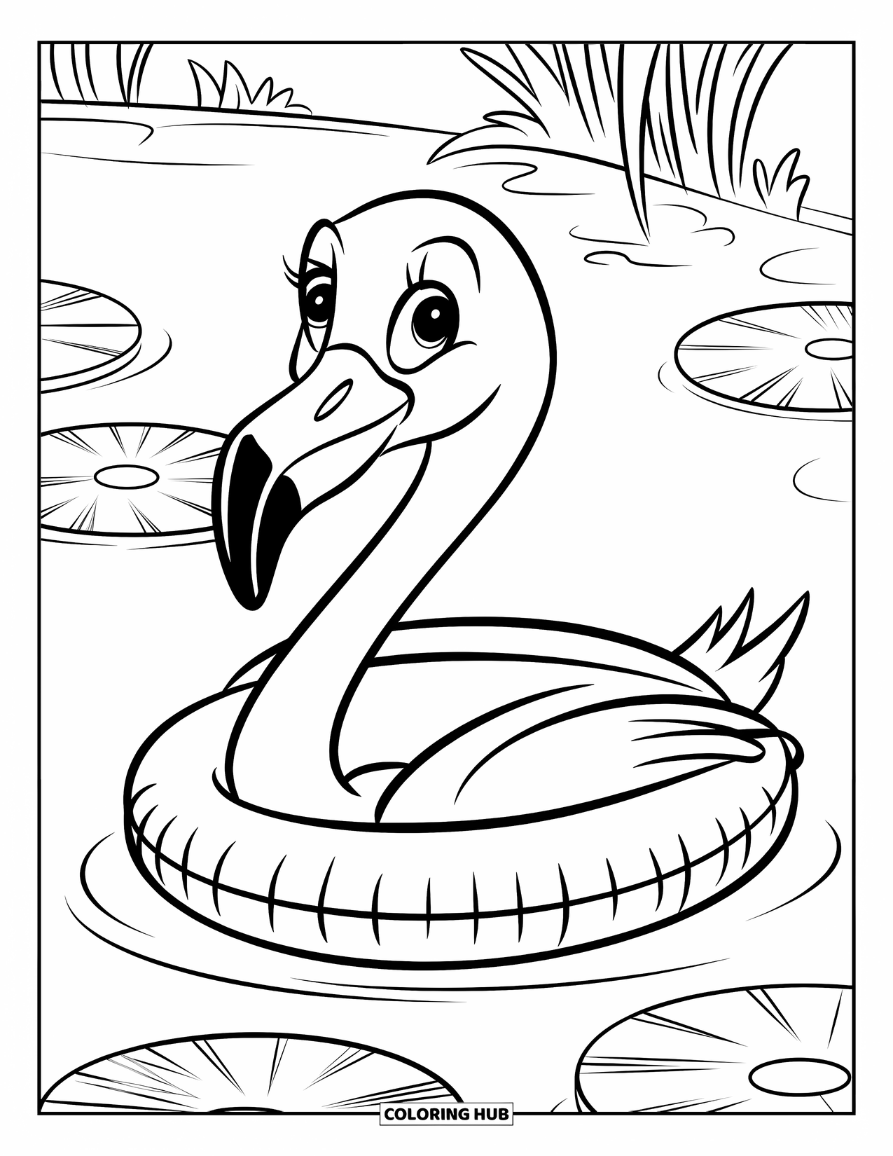 Flamingo Coloring Page for Kids: A flamingo in a floatie sits on a lily pad in a pond