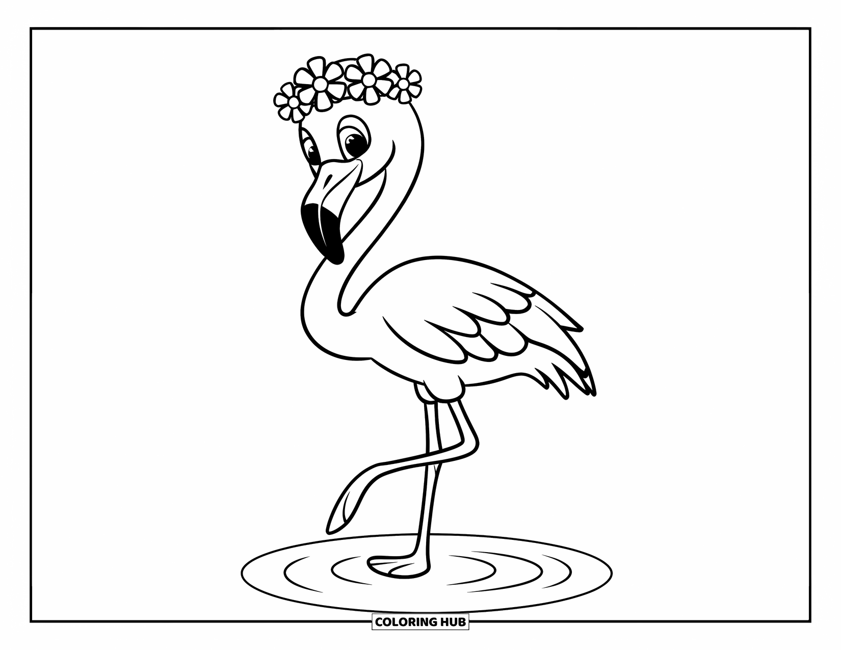 Flamingo Coloring Page for Kids: A flamingo in a flower crown stands on a water ripple in a serene lake