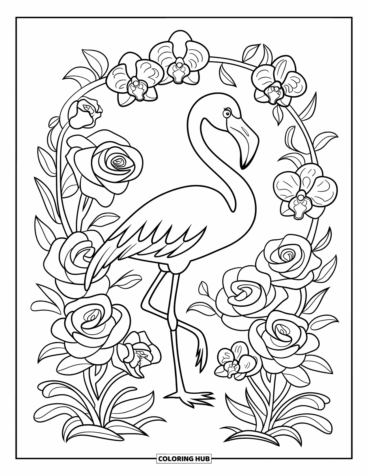 Flamingo Coloring Page for Kids: A flamingo in a garden stands among roses and orchids