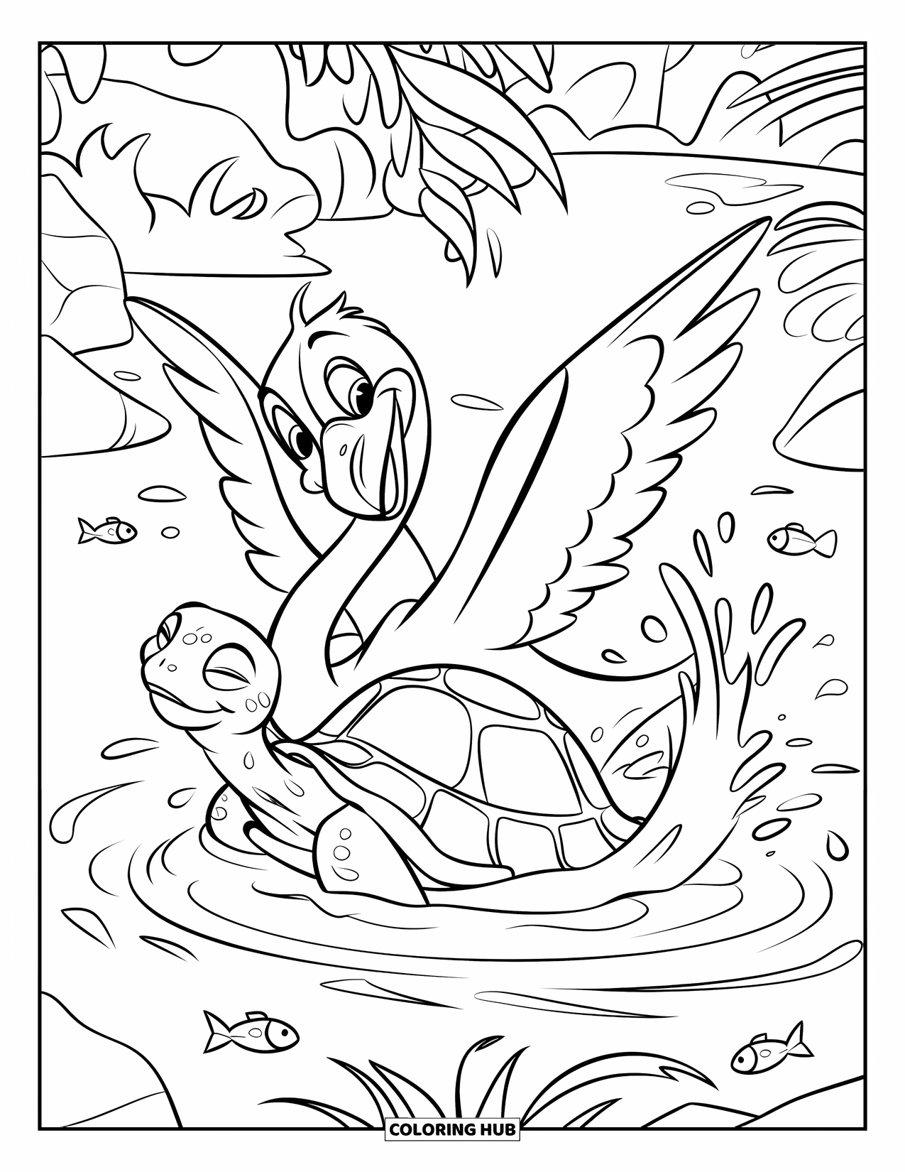 Flamingo Coloring Page for Kids: A flamingo in a hat splashes water near a turtle and fish