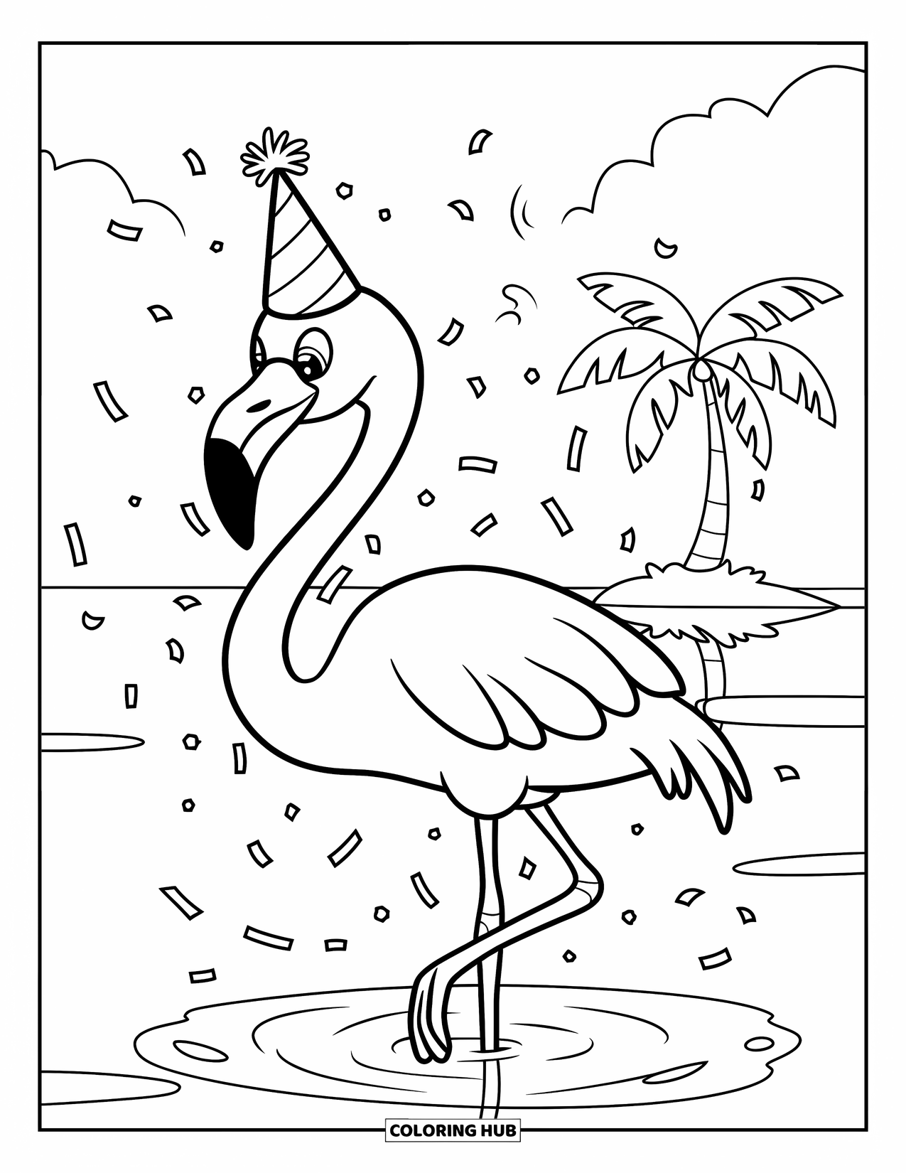 Flamingo Coloring Page for Kids: A flamingo in a party hat stands in water with an island behind it