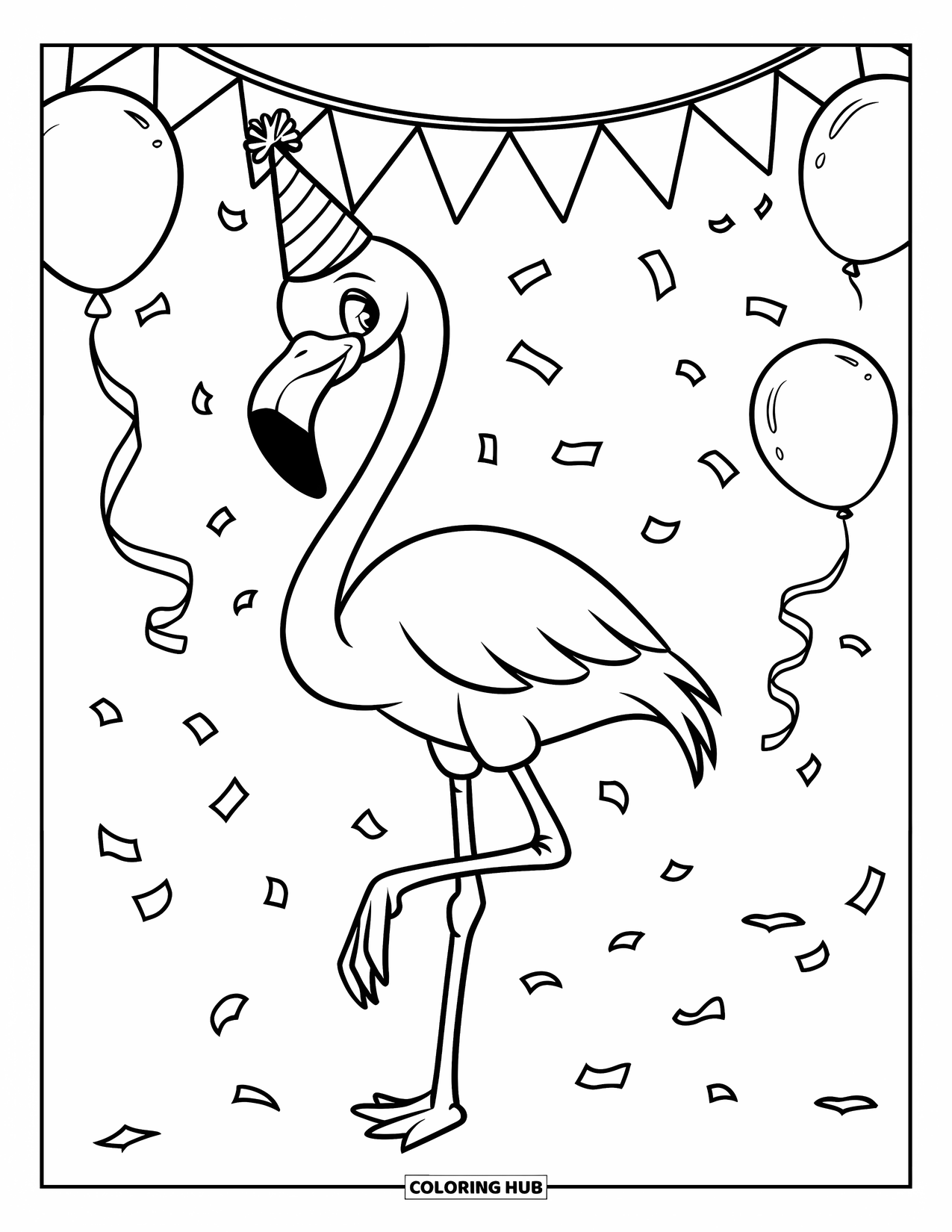 Flamingo Coloring Page for Kids: A flamingo in a party hat stands on one leg with balloons and streamers