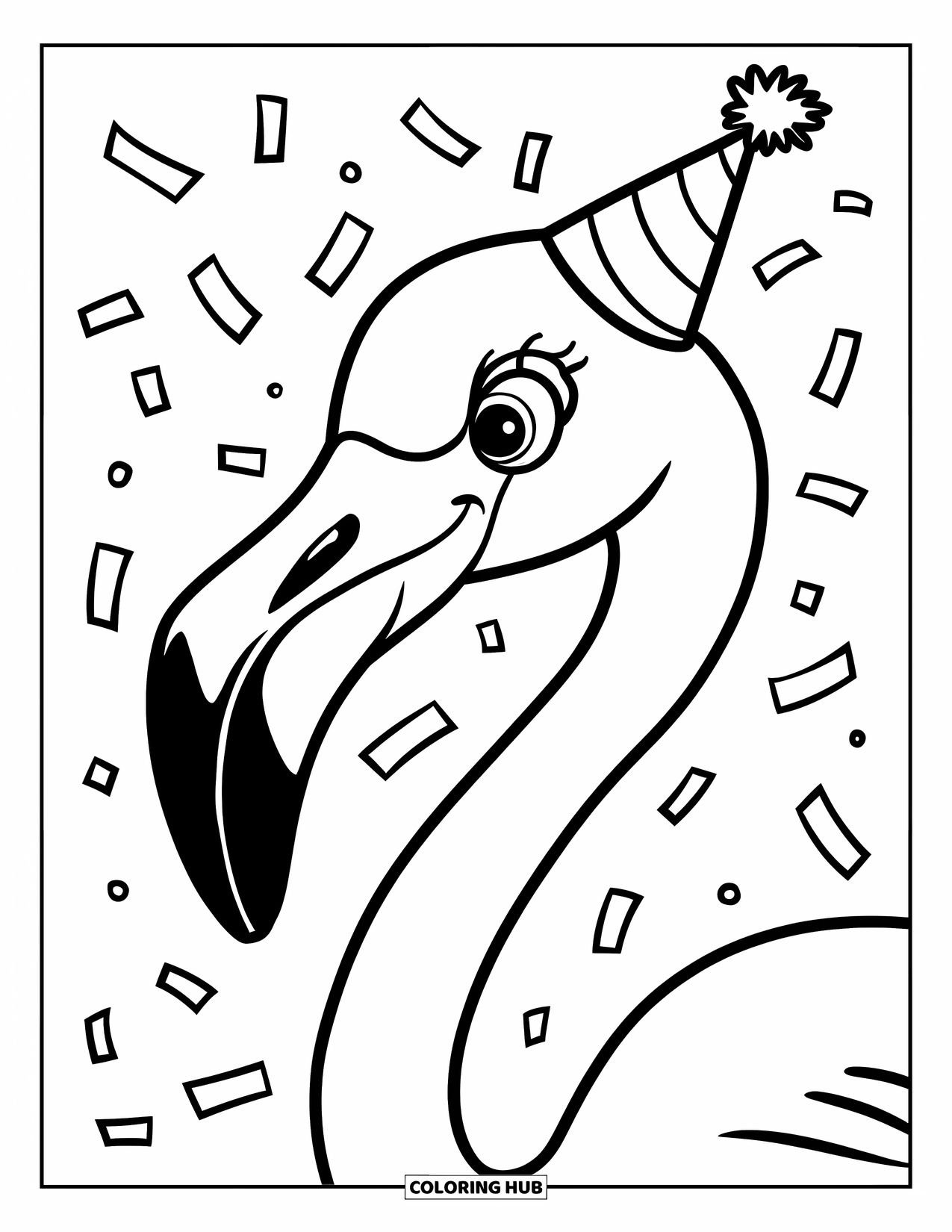 Flamingo Coloring Page for Kids: A flamingo in a party hat stands with confetti on a white background