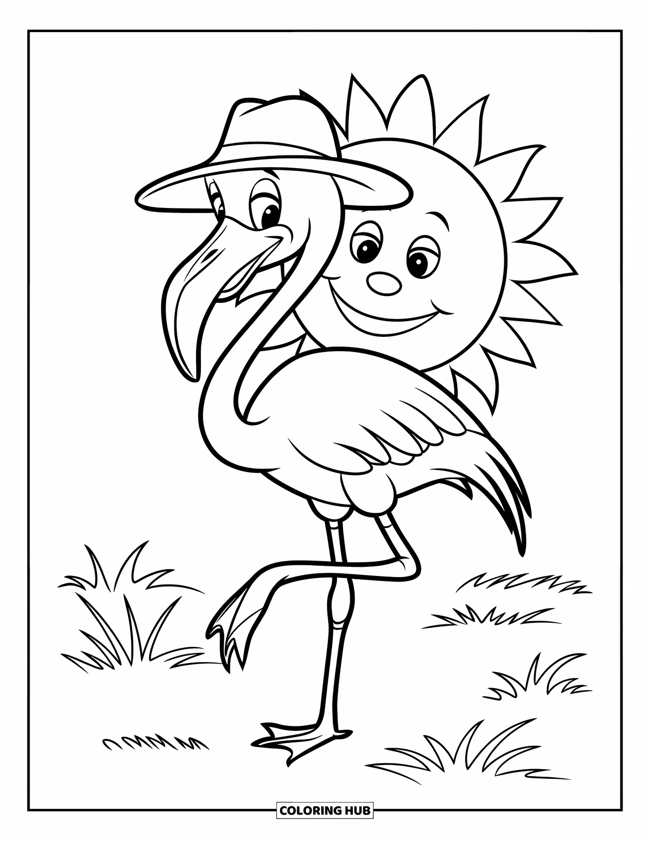 Flamingo Coloring Page for Kids: A flamingo in a pink hat stands on one leg with a smiling sun and grass