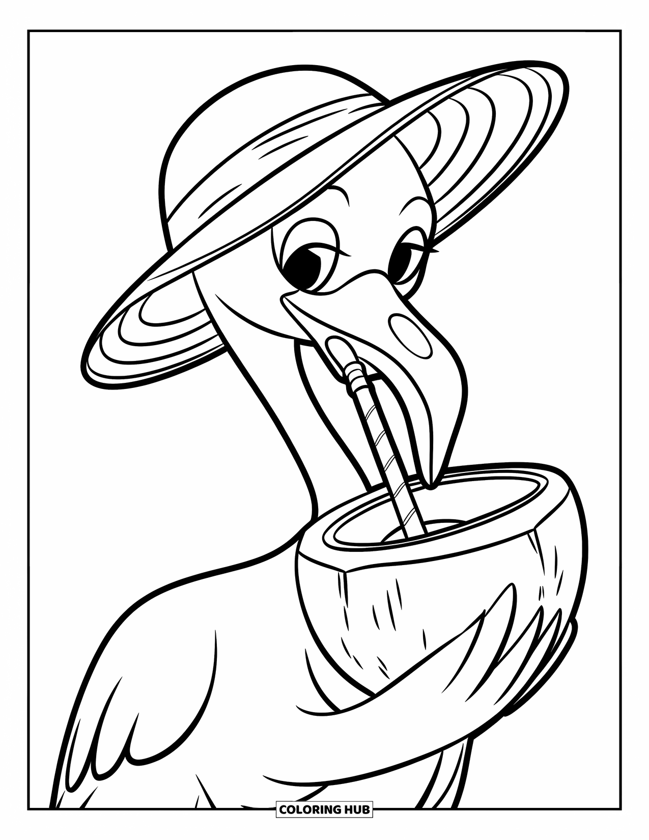 Flamingo Coloring Page for Kids: A flamingo in a sun hat sips from a coconut with a straw
